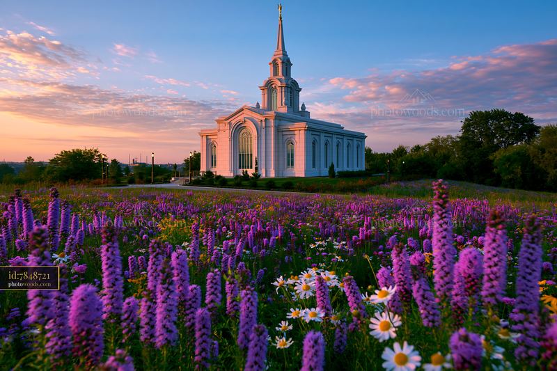 Pittsburgh Temple With Flowers at Sunset in Pennsylvania