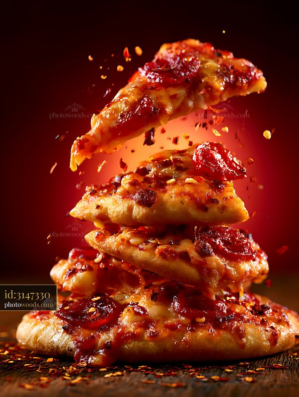 Pizza slices stacked with toppings and spices in a dynamic display