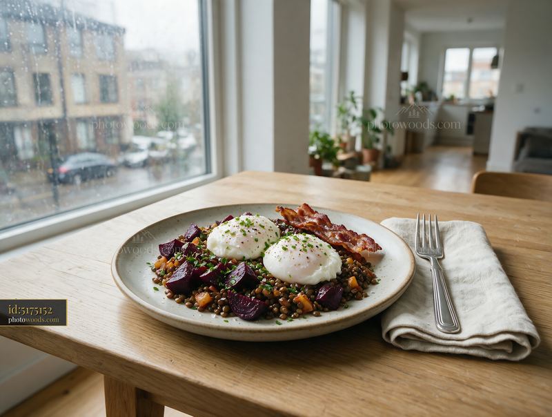 Breakfast plate with poached eggs, lentils, beetroot, and bacon