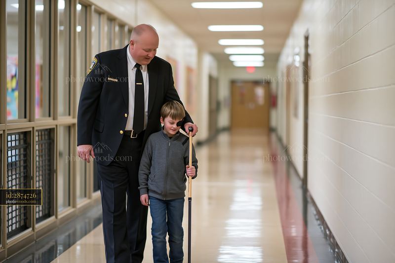 Police officer assisting a child in a school hallway