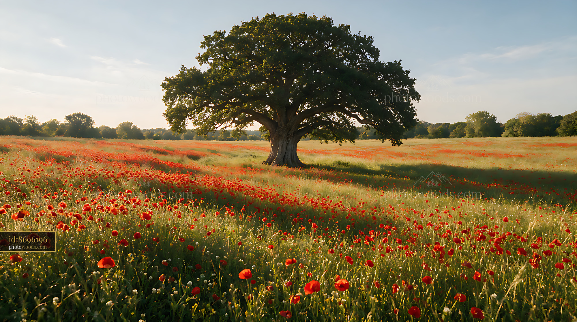 Poppy Flowers Blooming Under an Oak Tree in a Meadow Setting