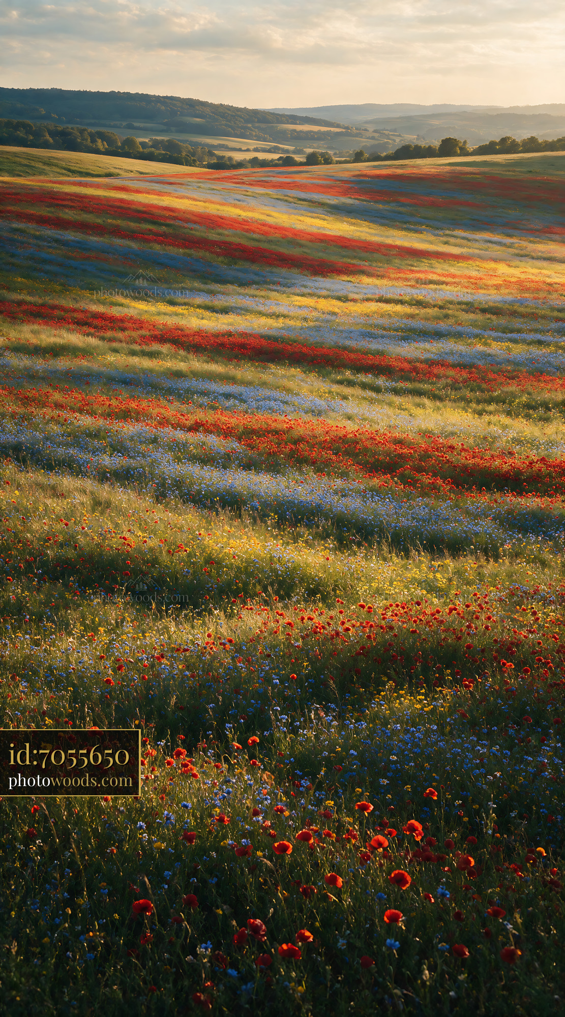 Poppy Wildflowers Blooming in a Colorful Meadow at Sunset