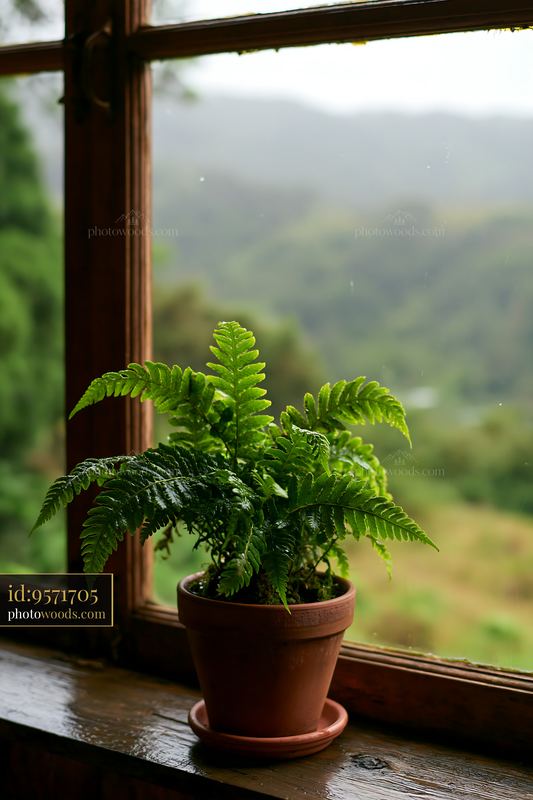 Potted fern beside a rainy cabin window with mountain landscape