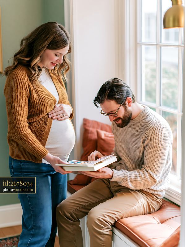 Pregnant couple reviewing a nursery planning checklist at home
