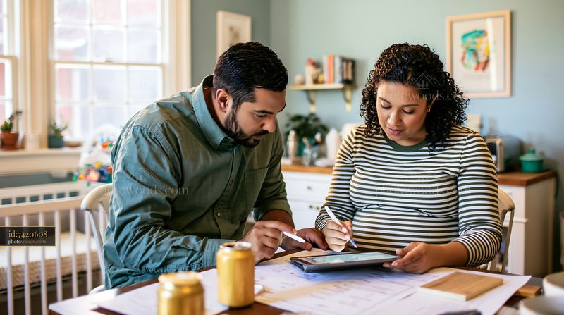 Pregnant couple making a nursery checklist at home