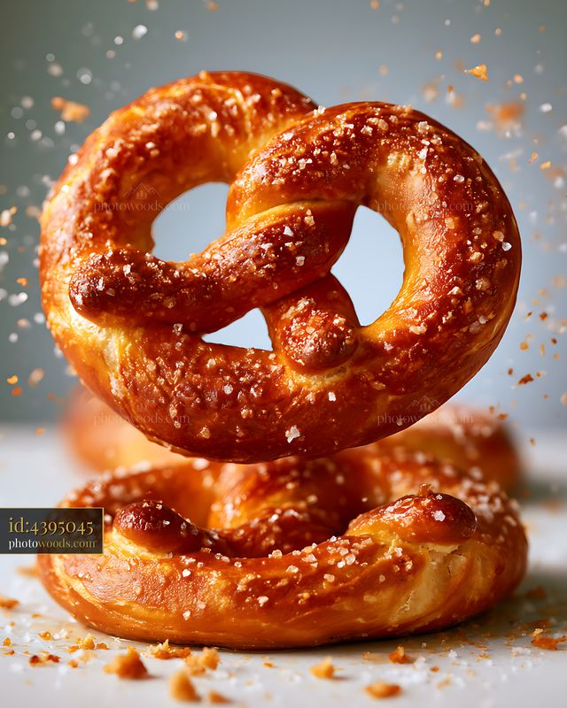 Pretzels Suspended With Salt Crystals in Close Up