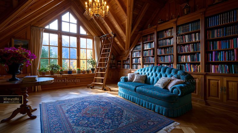 Private Home Library With Rolling Ladder and Wooden Decor
