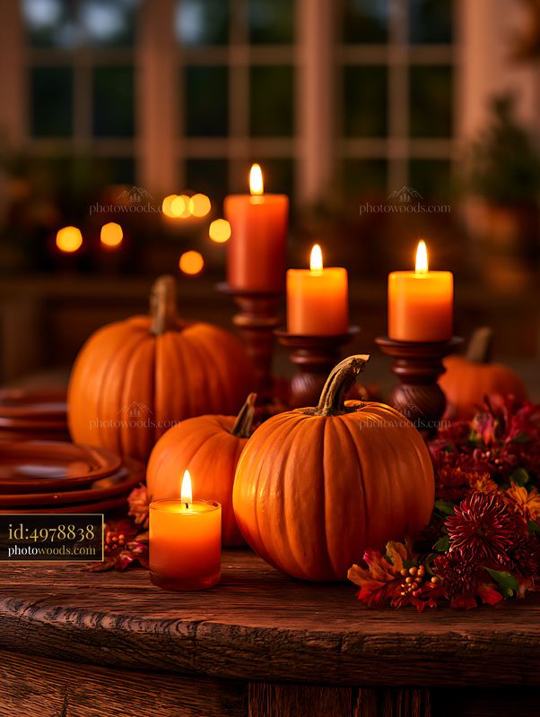 Pumpkins and Candles Arranged on a Wooden Table for Autumn