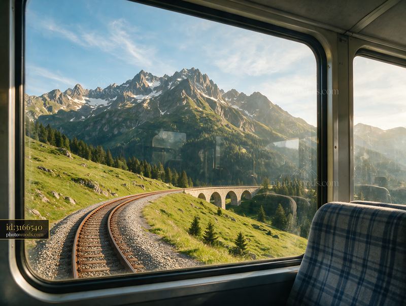 Swiss railway through Alpine mountains viewed from a train