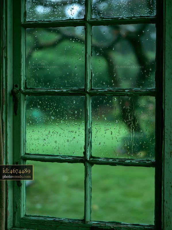 Rain droplets on a rustic multi-pane window