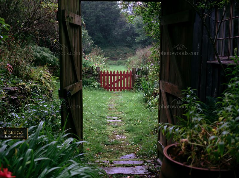 Rainy day view from a timber cottage door with a garden