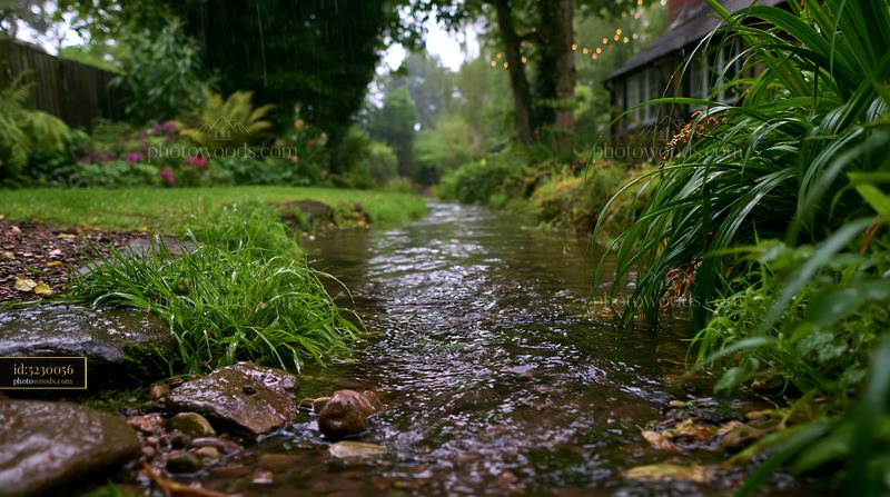 Rainy day view from a timber cottage with garden landscape