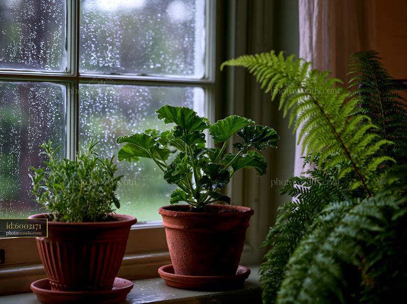 Rain on cottage window with potted plants indoors