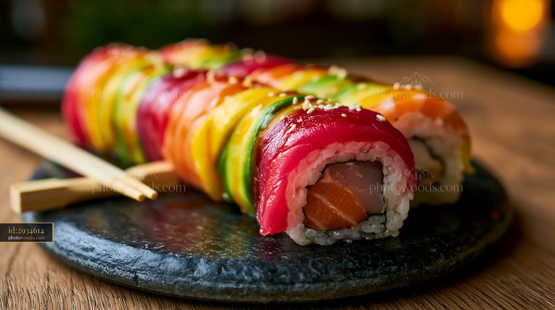 Rainbow sushi roll close-up on a dark plate with chopsticks