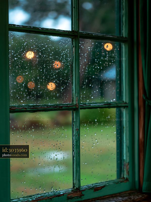 Close-up rain texture on rustic window pane with blurred lights