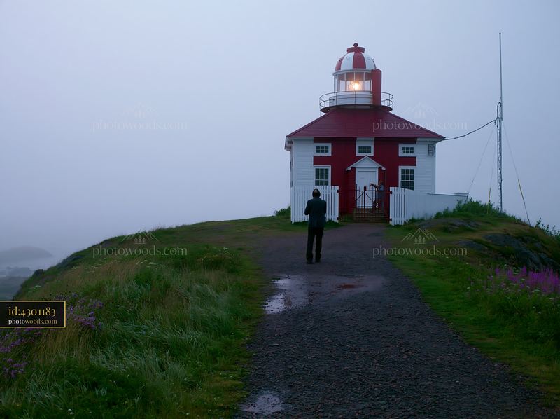 Red and white lighthouse in fog on a rocky coastal headland