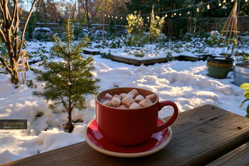 Hot cocoa with marshmallows beside a small evergreen in snow