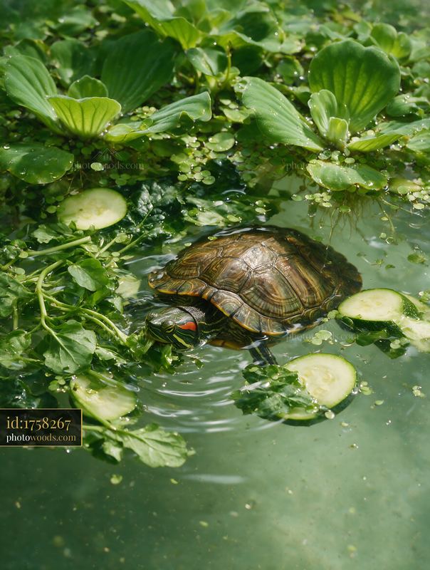Red-eared slider turtle among aquatic plants