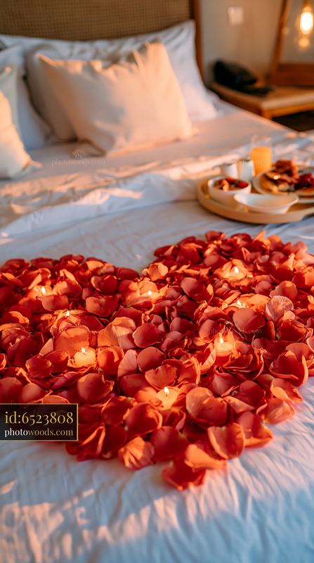 Heart-shaped flower petals arranged on bed for anniversary promotion