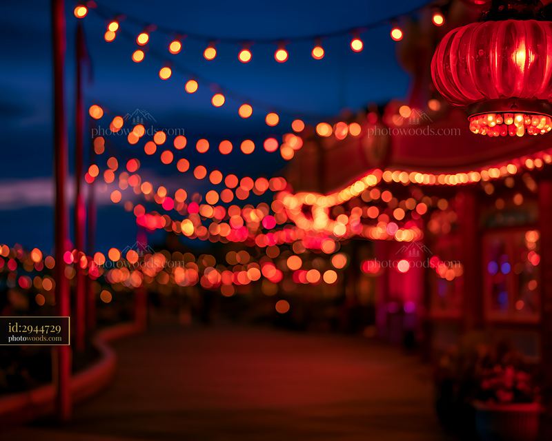 Colorful string lights illuminate a festive outdoor walkway