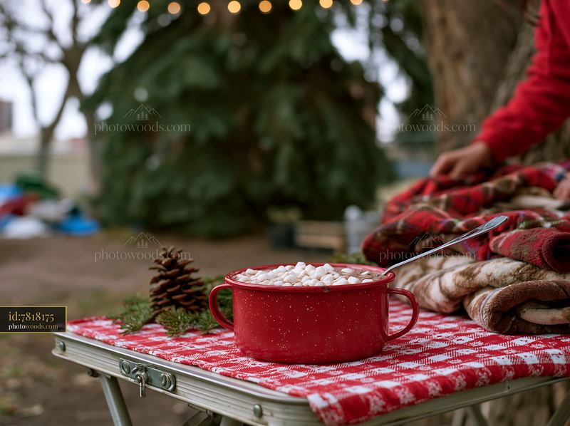 Red mug of cocoa with marshmallows beside a decorated tree