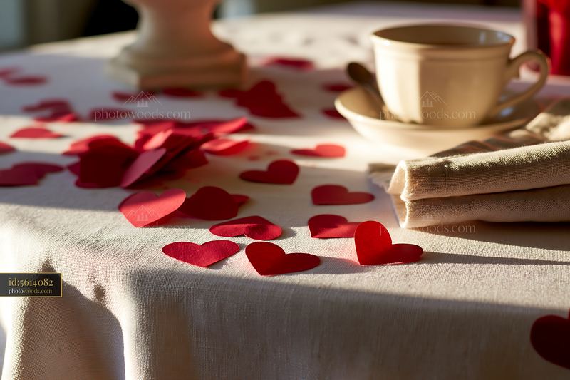Red paper hearts scattered on a white table with a coffee cup