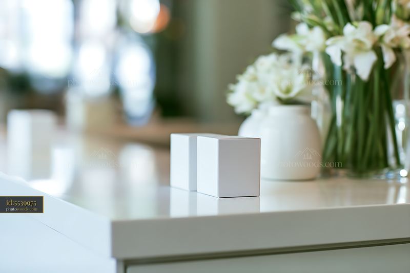Retail Counter With Plain Packaging and Flowers in a Bright Setting