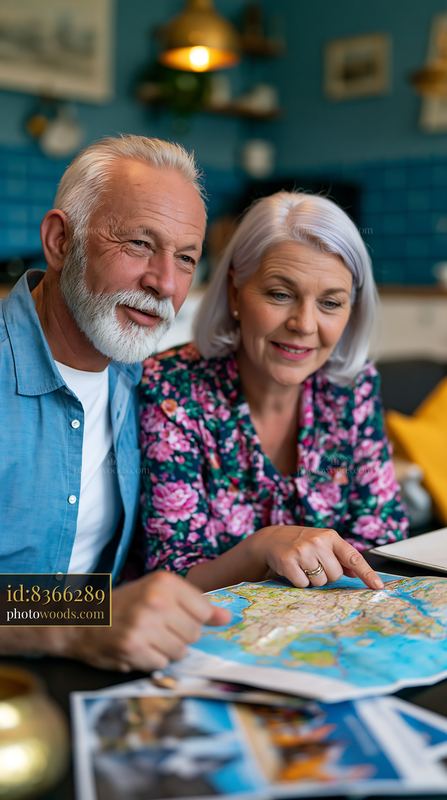 Retired Couple Studying Travel Map Indoors During Planning Session
