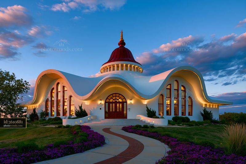 Rime Architecture at Sunset With Colorful Flowers in Foreground