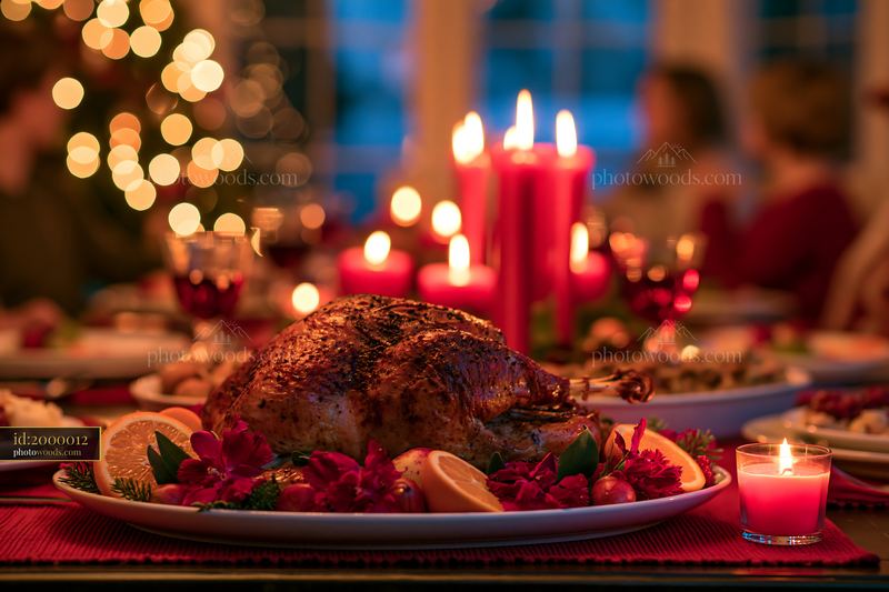 Roasted turkey centerpiece on a festive candlelit dining table