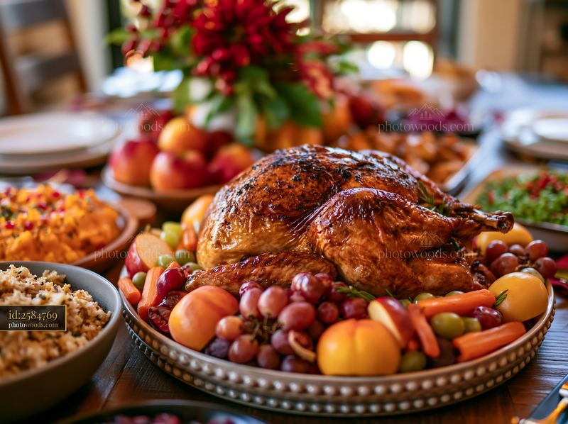 Roasted turkey centerpiece on a festive dining table