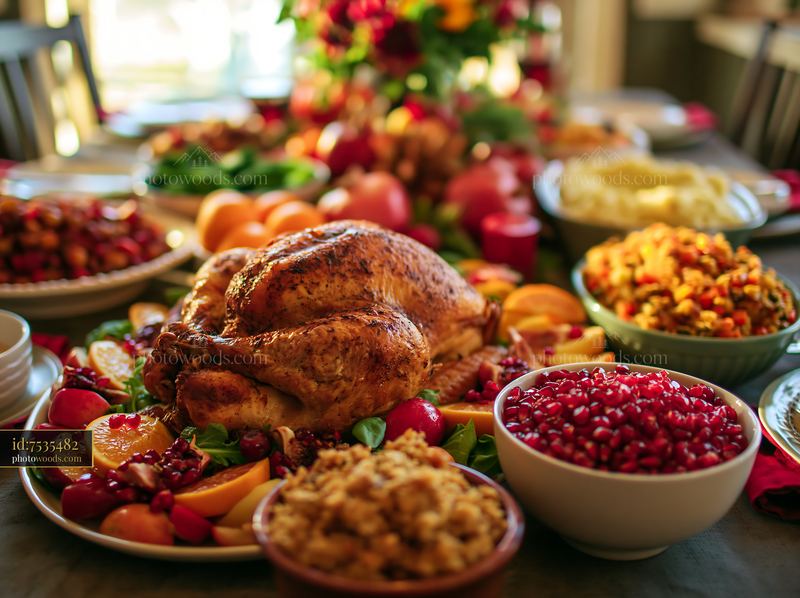 Roasted turkey centerpiece on a festive dining table