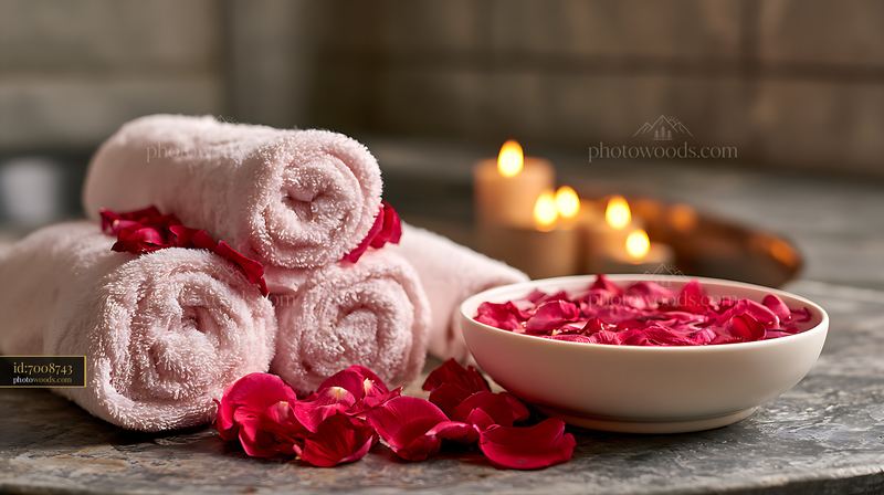 Rolled Towels and Bowl of Floating Rose Petals With Candles