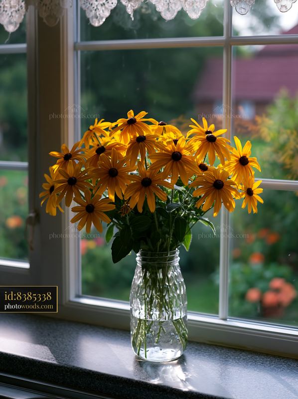Rudbeckia flowers in sunlight near a window