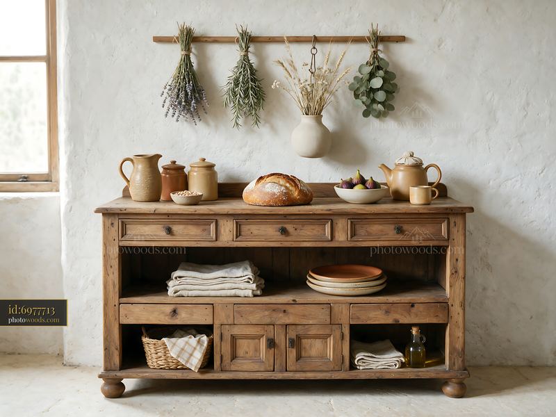 Rustic farmhouse buffet with bread, pottery, and dried herbs