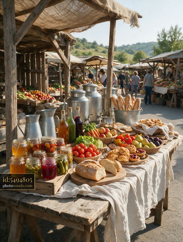 Rustic farmhouse buffet at an outdoor farmers market