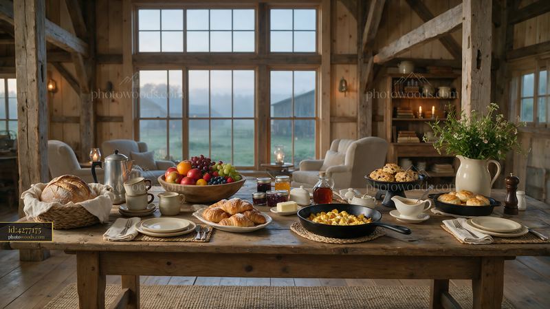Rustic farmhouse breakfast buffet in a timber barn