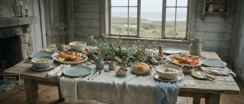 Rustic farmhouse buffet on a coastal dining table