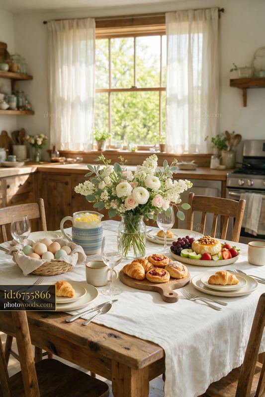 Rustic farmhouse buffet breakfast in a sunlit kitchen