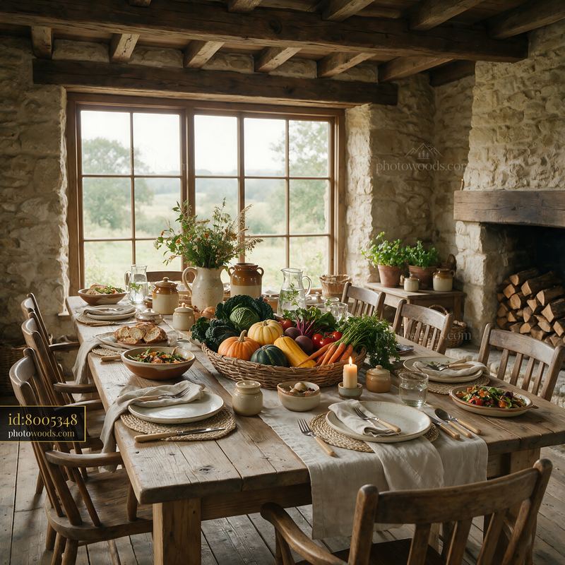 Rustic farmhouse dining table with fresh vegetables and tableware