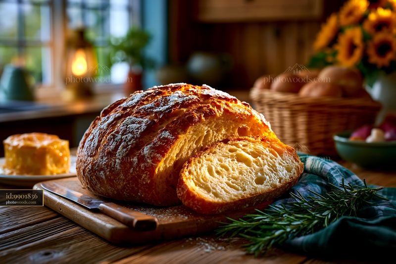 Rustic Sourdough Loaf Cut Open on Wooden Table With Rosemary