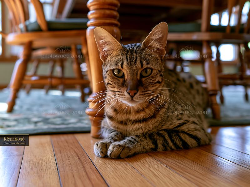 Savannah cat resting on a wooden floor at home