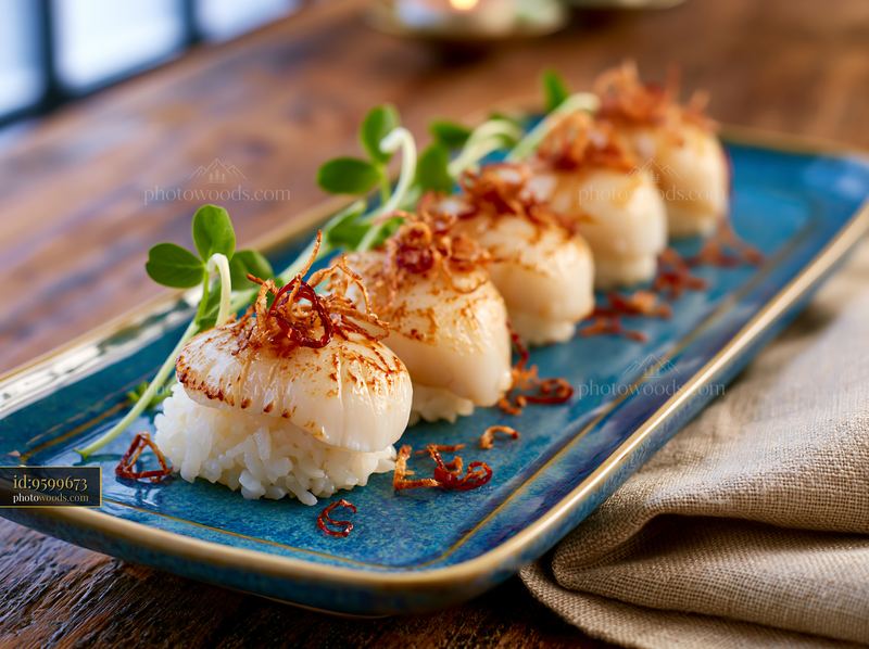 Scallop nigiri with garnish served on a blue plate