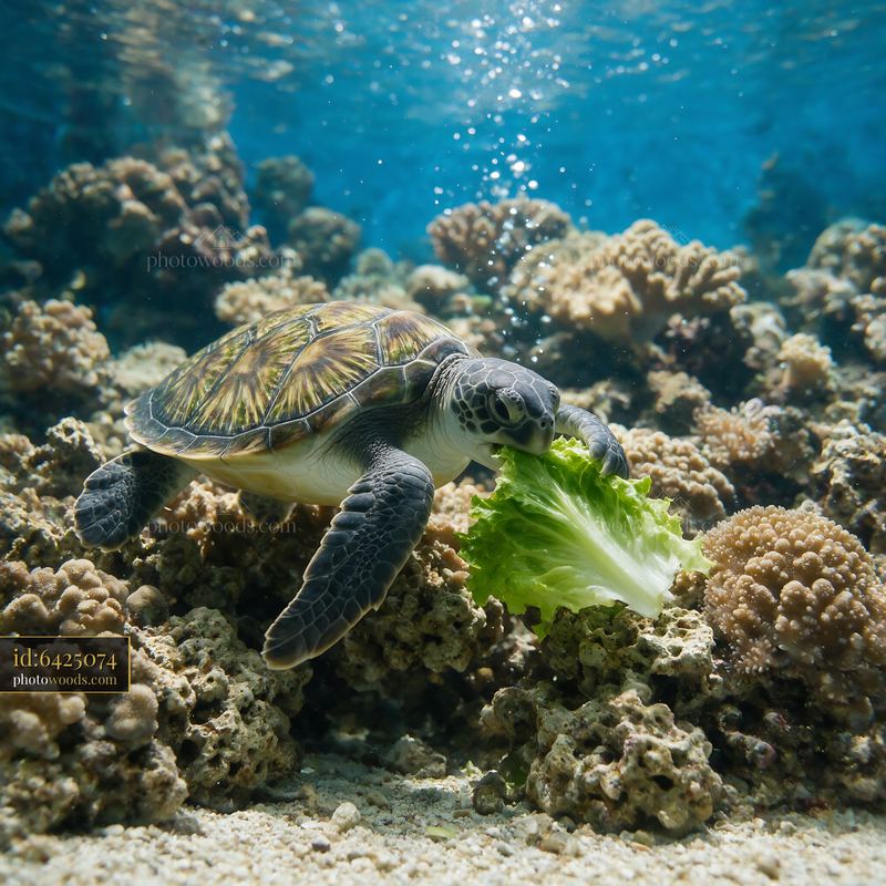 Sea turtle feeding on lettuce underwater