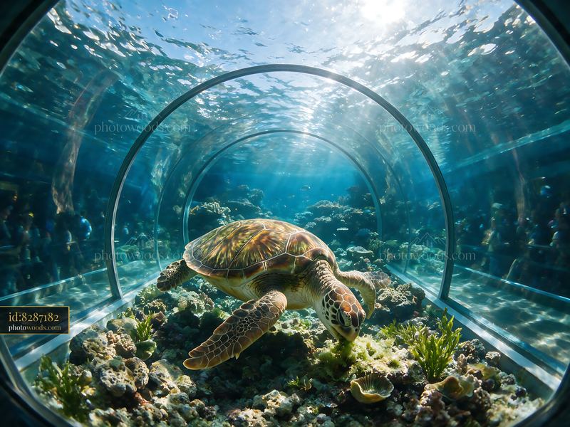 Sea turtle feeding underwater in an aquarium tunnel