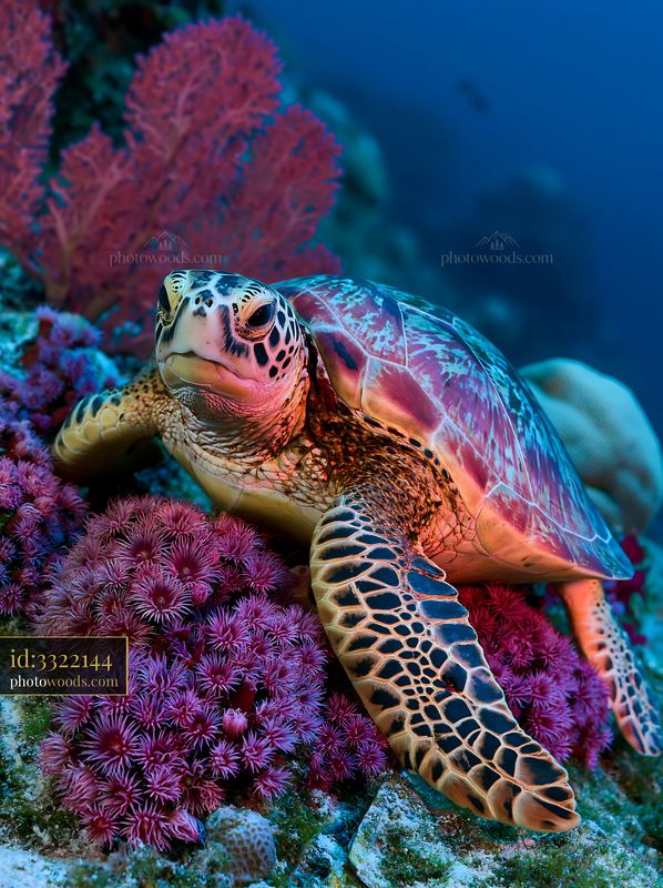 Rare sea turtle underwater among vibrant coral