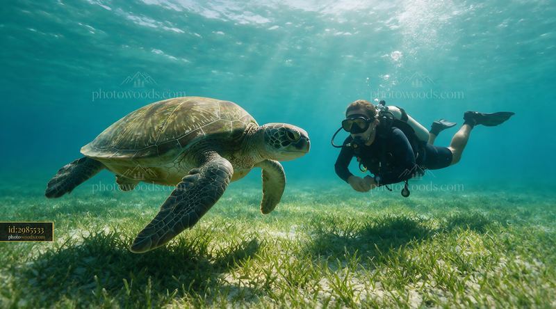 Sea turtle swimming beside scuba diver underwater