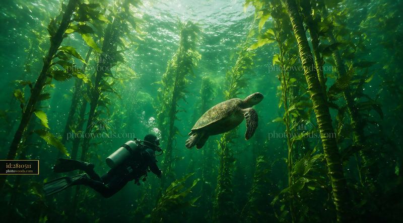 Sea turtle swimming beside scuba diver in kelp forest