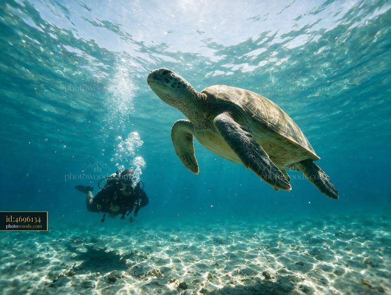 Sea turtle swimming beside scuba diver underwater