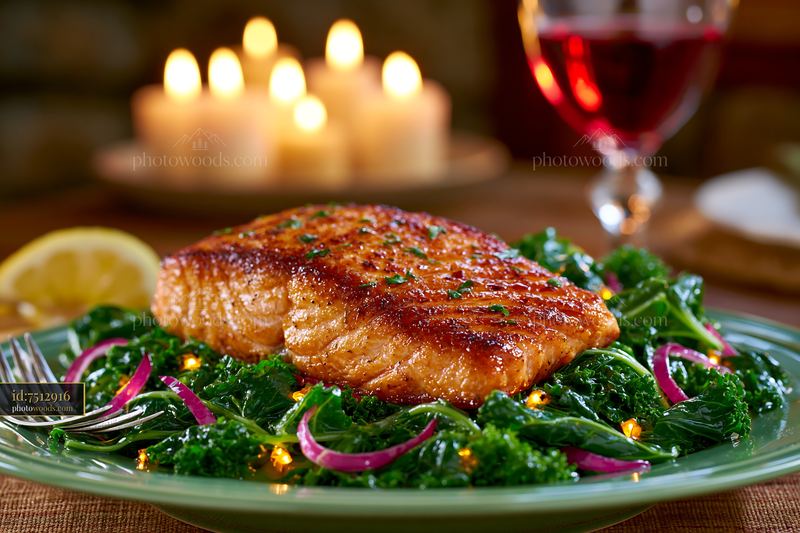 Seared Salmon Fillet on Greens With Candles and Wine